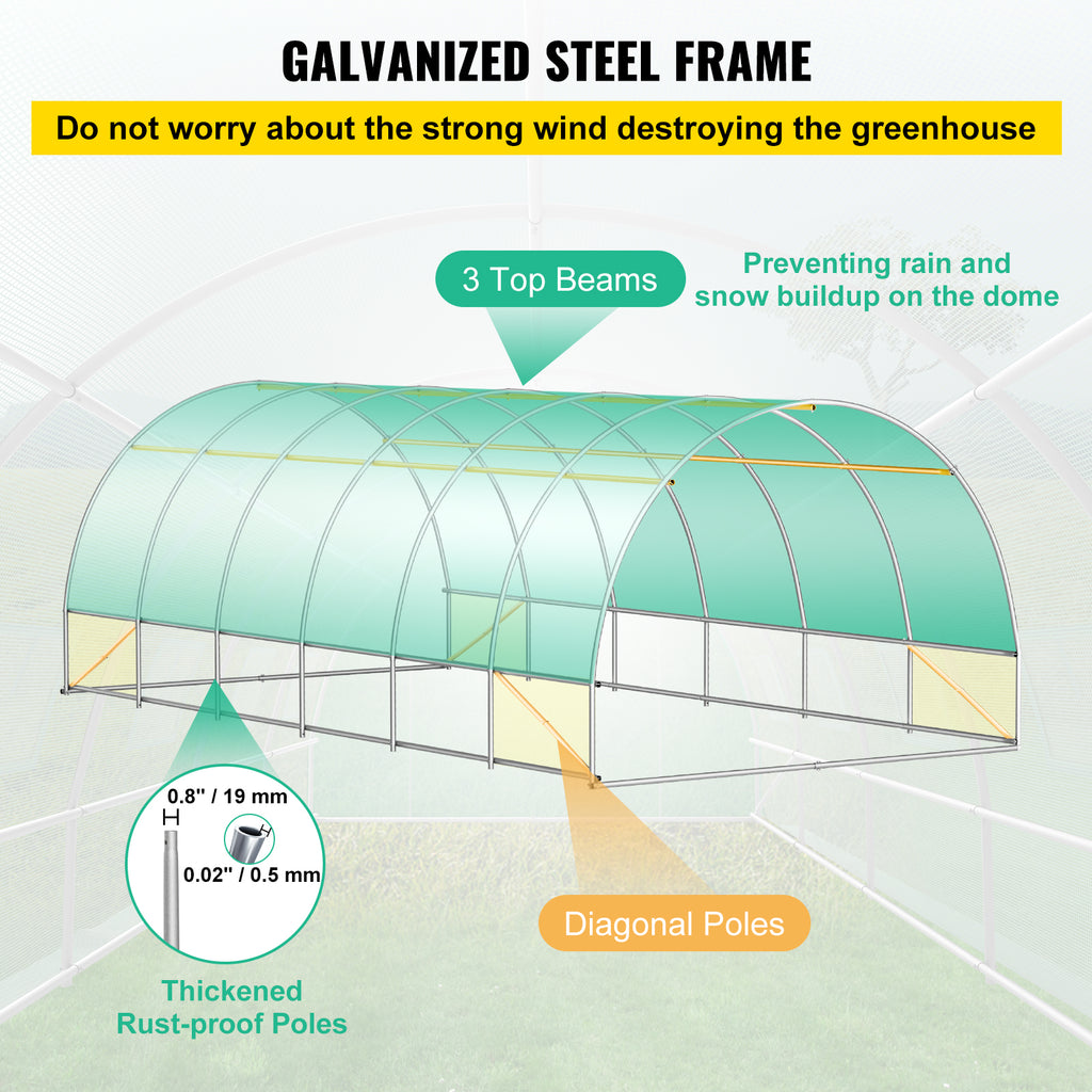 VEVOR Walk-in Tunnel Greenhouse, 20 X 10 X 7 Ft Portable Plant Hot House W  Galvanized Steel Hoops, 3 Top Beams, Diagonal Poles, 2 Zippered Doors   12 Roll-up Windows, Green