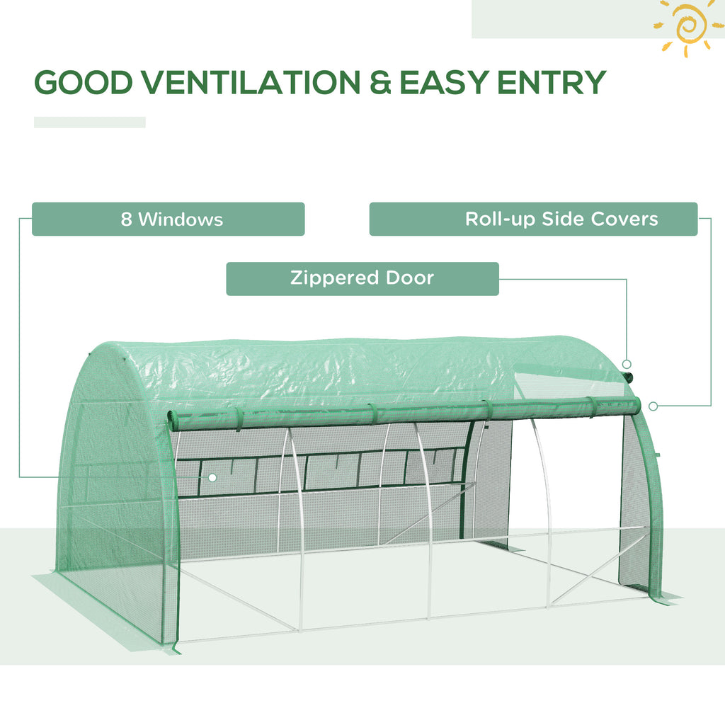 Polytunnel Greenhouse Walk-in Grow House Tent With Roll-up Sidewalls, Zipped Door And 8 Windows, 4x3x2m Green