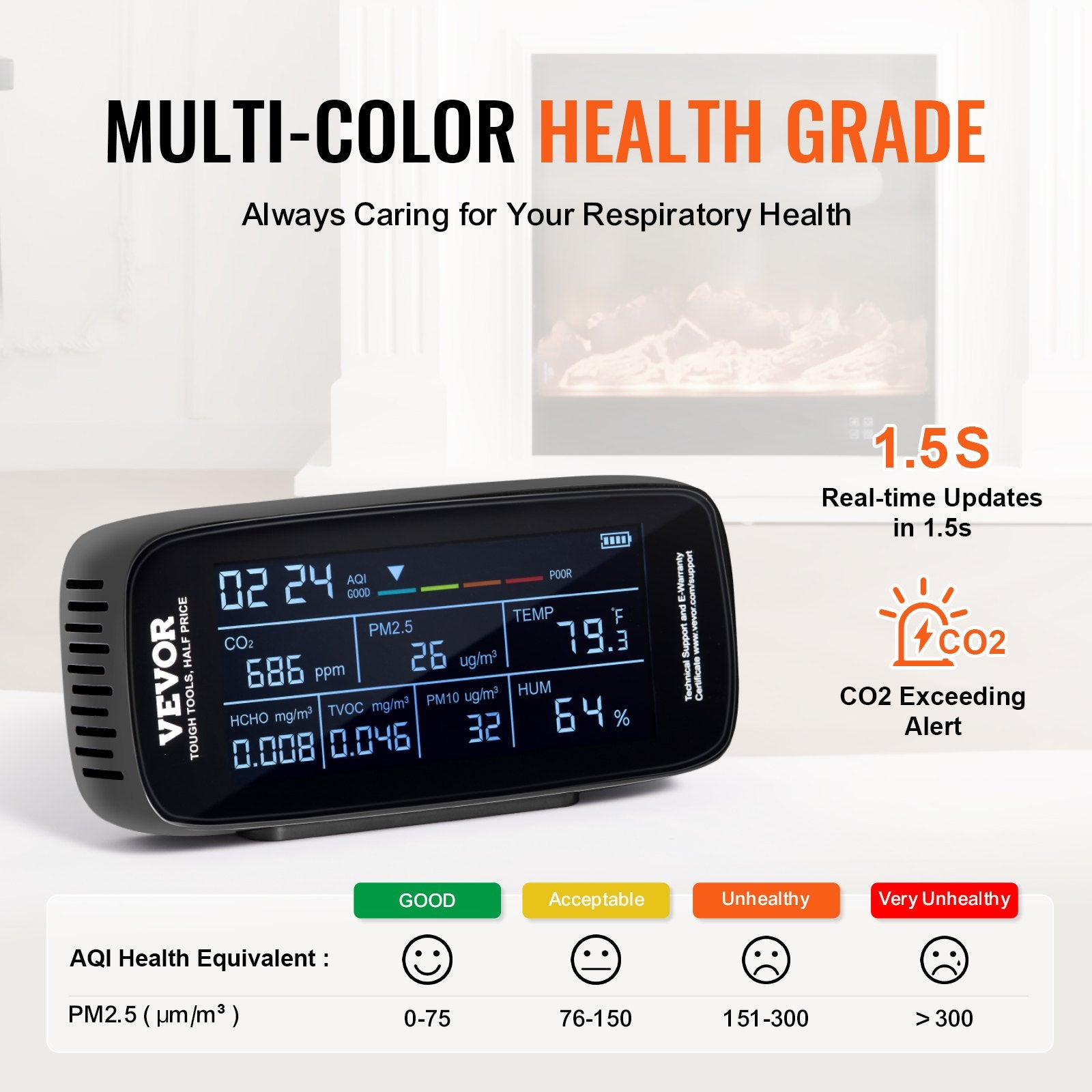 VEVOR Air Quality Monitor 9-IN-1, CO2, Temperature, Humidity, Formaldehyde TVOC AQI Tester, Professional PM2.5 PM10 PM1.0 Particle Counter For Indoor Outdoor, Air Quality Meter