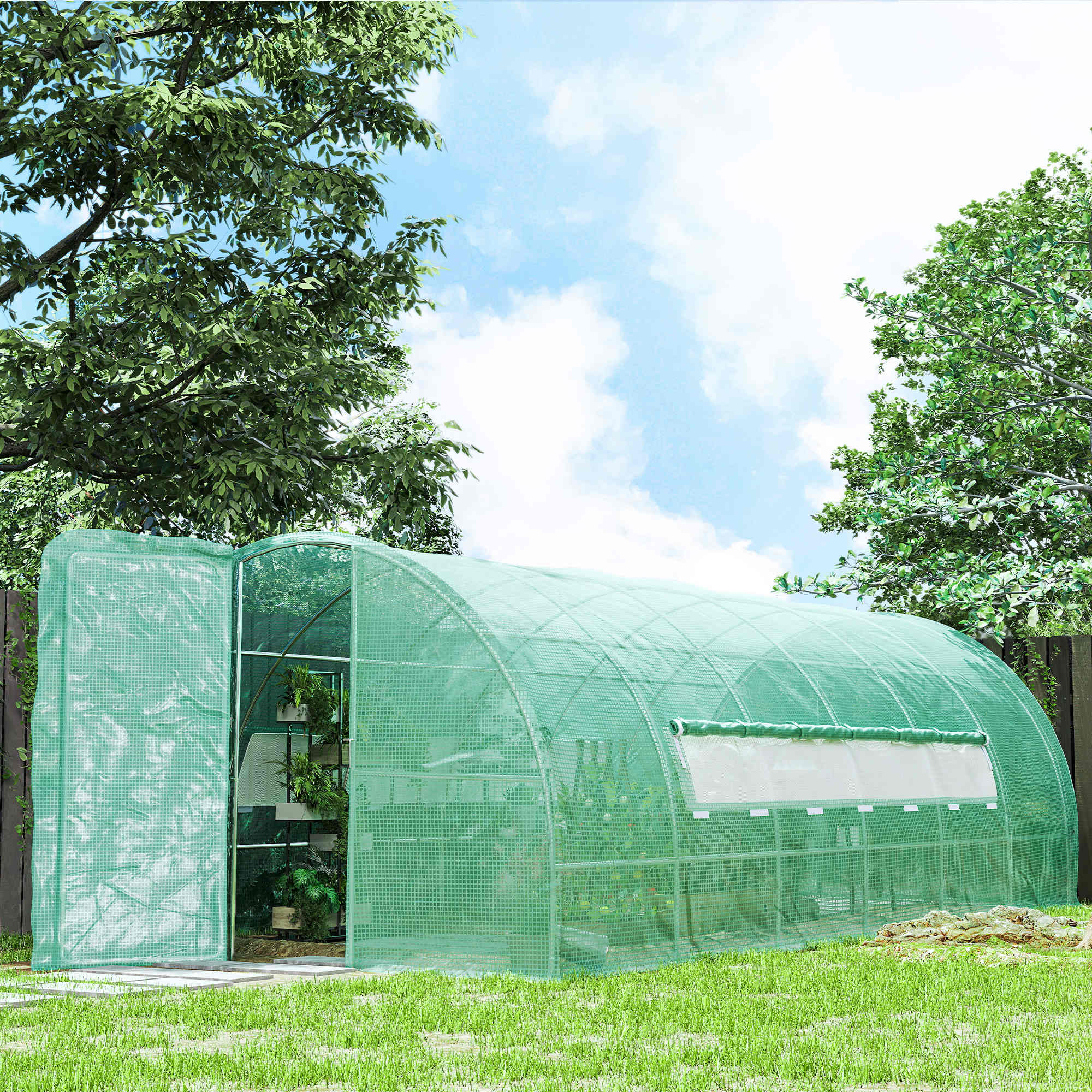 Large Polytunnel Walk In Greenhouse, Plant Gardening Tunnel Green House With Metal Hinged Door, Galvanised Steel Frame & Mesh Windows, Green (3 X 6 M)