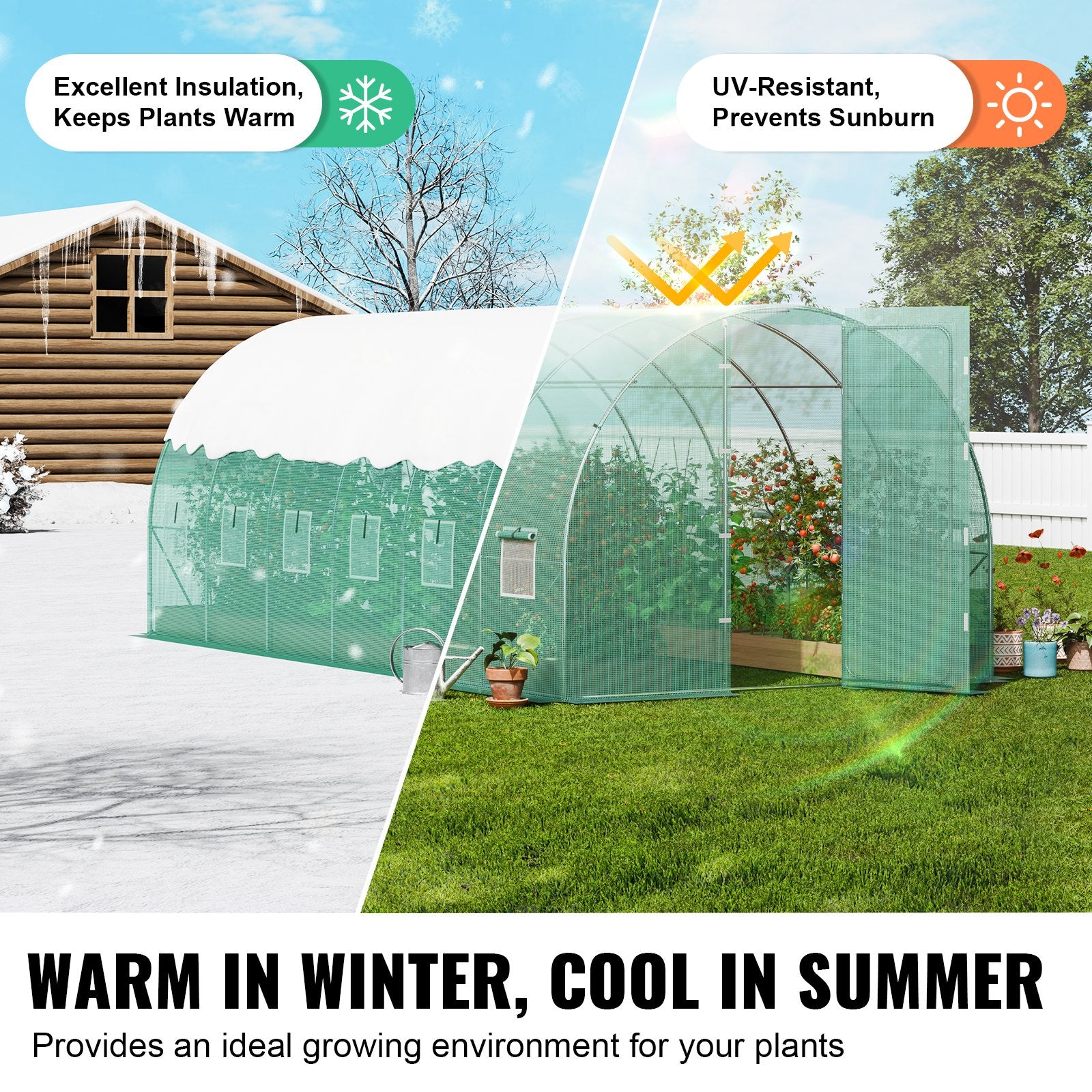 Walk-in Tunnel Greenhouse, 19.4x9.7x7.4 Ft Hoop House Greenhouse Tunnel, Plant Hot House With Galvanized Steel Frame, Green PE Cover, Swing Door And 12 Roll-up Windows For Outdoor