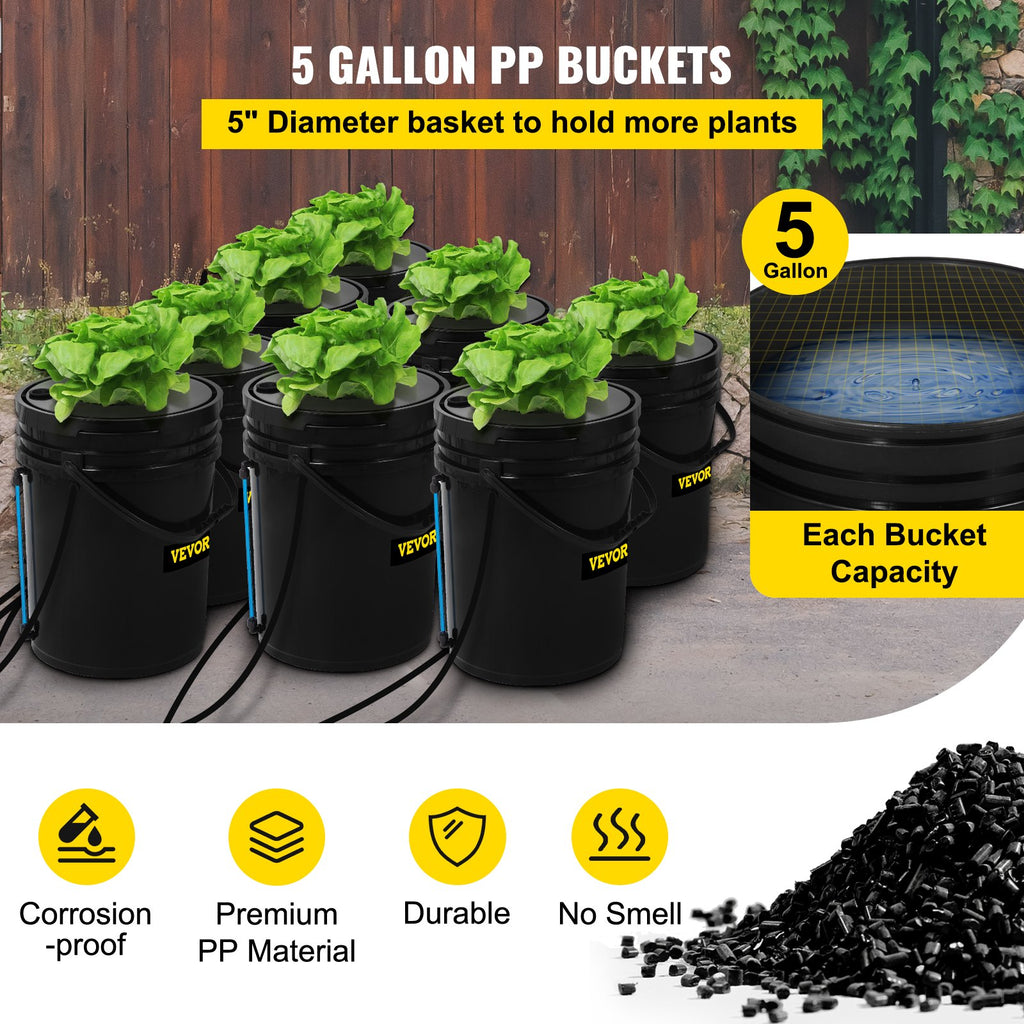 DWC Hydroponic System, 5 Gallon 8 Buckets, Deep Water Culture Growing Bucket, Hydroponics Grow Kit With Pump, Air Stone And Water Level Device, For Indoor Outdoor Leafy Vegetables