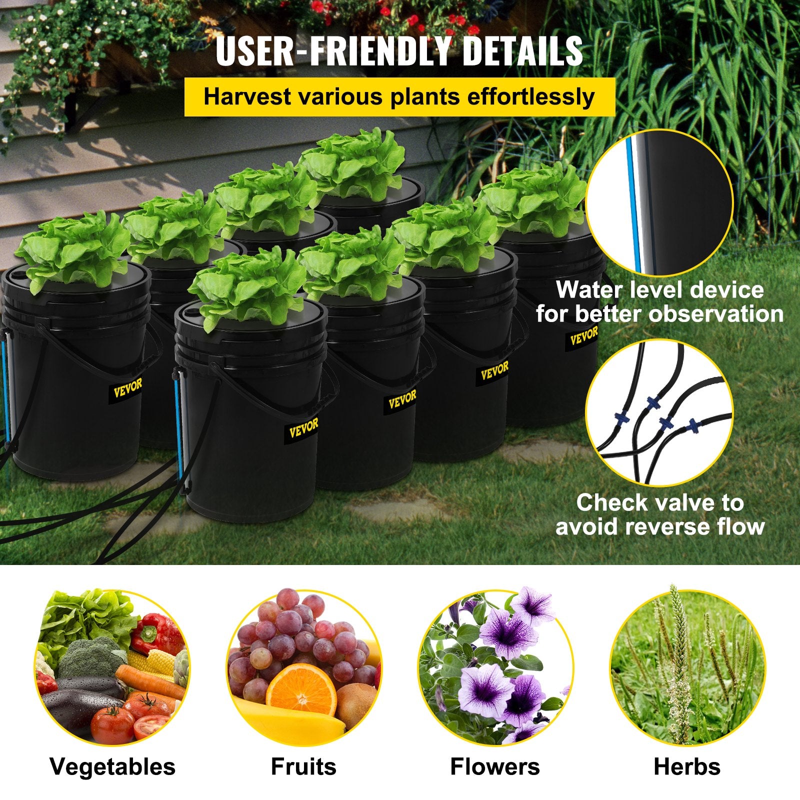 DWC Hydroponic System, 5 Gallon 8 Buckets, Deep Water Culture Growing Bucket, Hydroponics Grow Kit With Pump, Air Stone And Water Level Device, For Indoor Outdoor Leafy Vegetables
