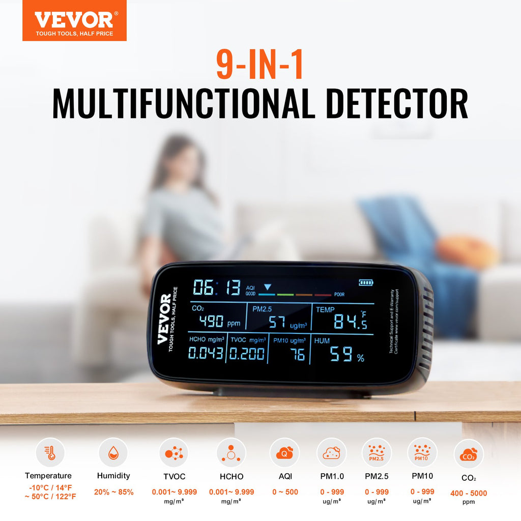VEVOR Air Quality Monitor 9-IN-1, CO2, Temperature, Humidity, Formaldehyde TVOC AQI Tester, Professional PM2.5 PM10 PM1.0 Particle Counter For Indoor Outdoor, Air Quality Meter