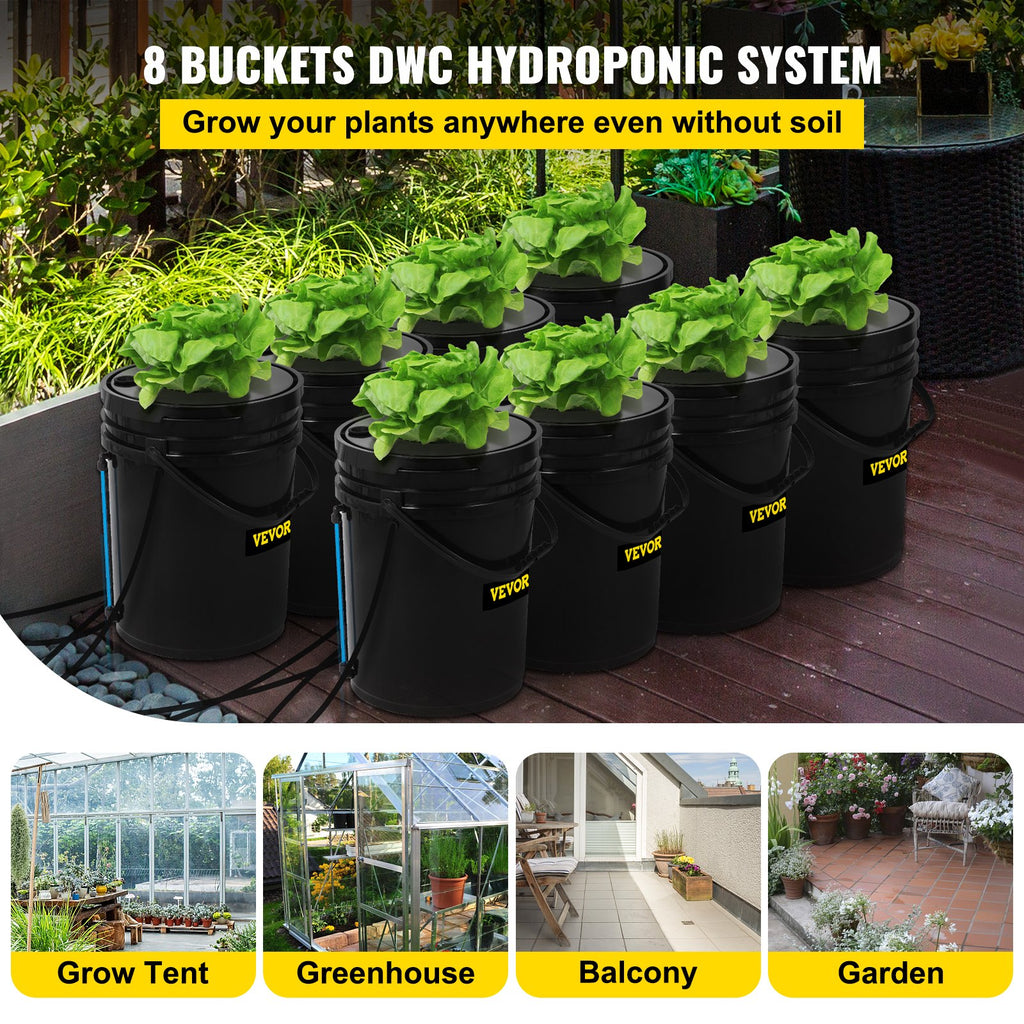 DWC Hydroponic System, 5 Gallon 8 Buckets, Deep Water Culture Growing Bucket, Hydroponics Grow Kit With Pump, Air Stone And Water Level Device, For Indoor Outdoor Leafy Vegetables