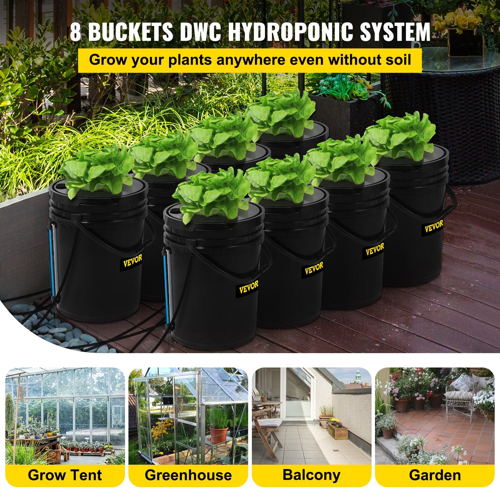 DWC Hydroponic System, 5 Gallon 8 Buckets, Deep Water Culture Growing Bucket, Hydroponics Grow Kit With Pump, Air Stone And Water Level Device, For Indoor Outdoor Leafy Vegetables