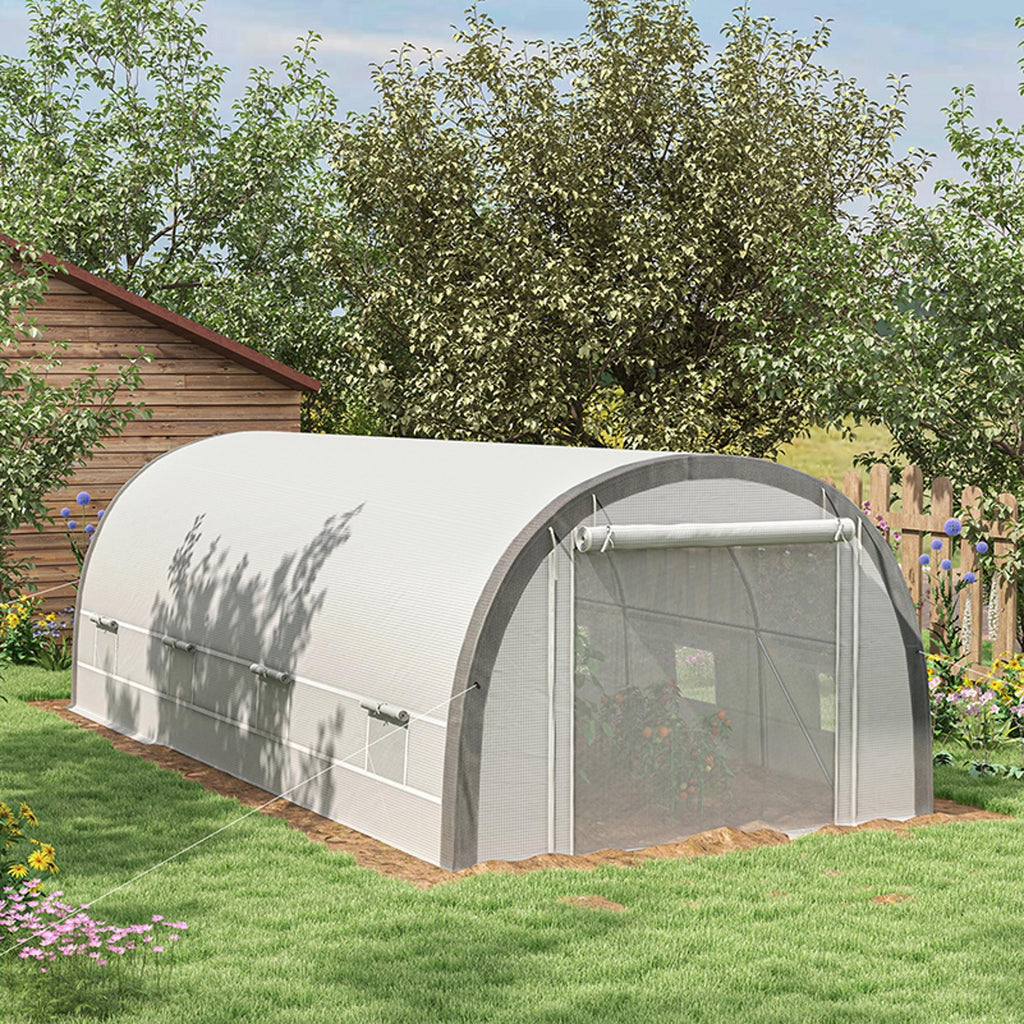 6 X 3(m) Polytunnel Greenhouse With Upgraded Structure, Mesh Door And Windows, 15 Plant Labels, White
