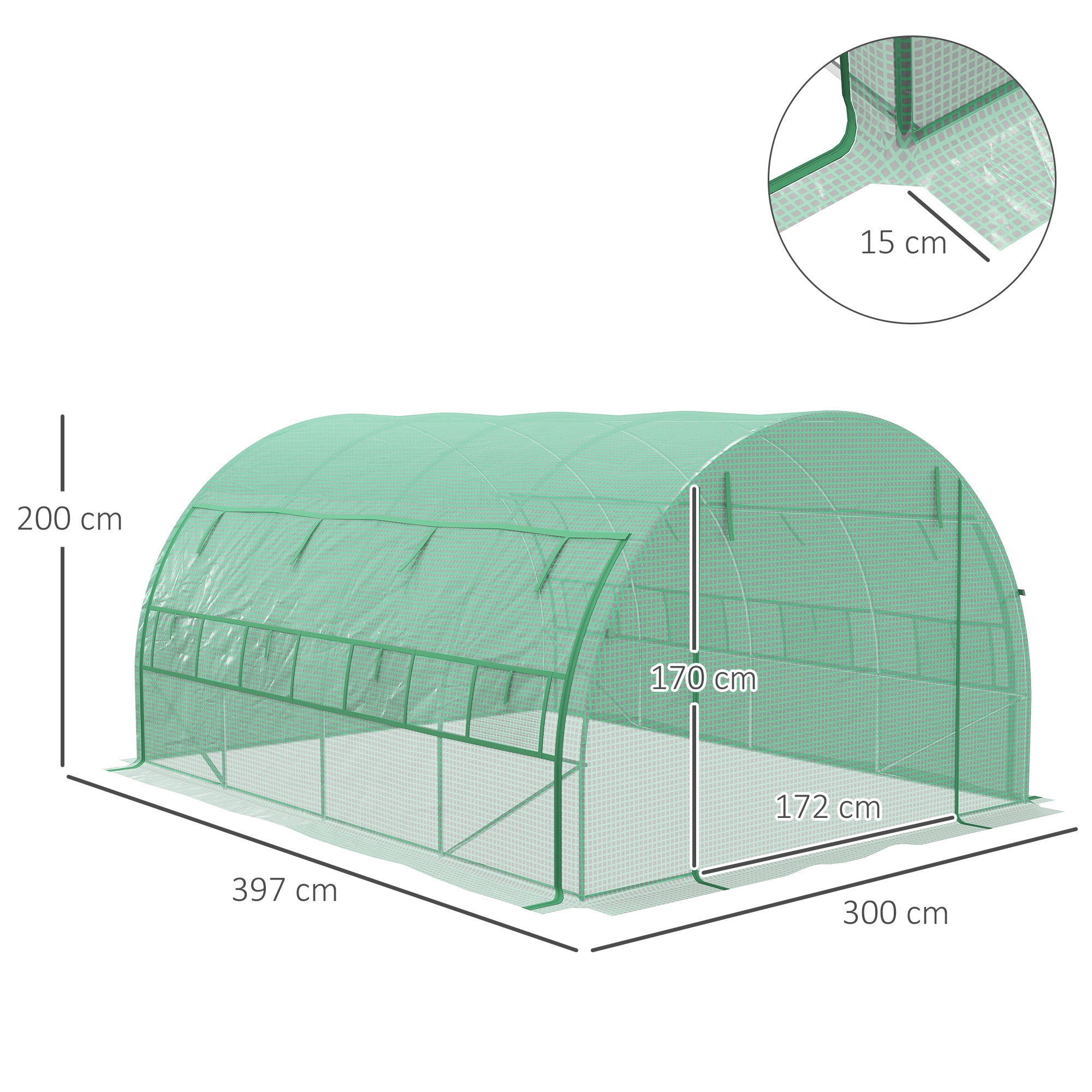 Polytunnel Greenhouse Walk-in Grow House Tent With Roll-up Sidewalls, Zipped Door And 8 Windows, 4x3x2m Green