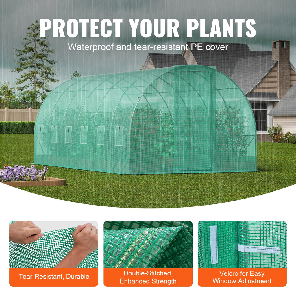 Walk-in Tunnel Greenhouse, 19.4x9.7x7.4 Ft Hoop House Greenhouse Tunnel, Plant Hot House With Galvanized Steel Frame, Green PE Cover, Swing Door And 12 Roll-up Windows For Outdoor