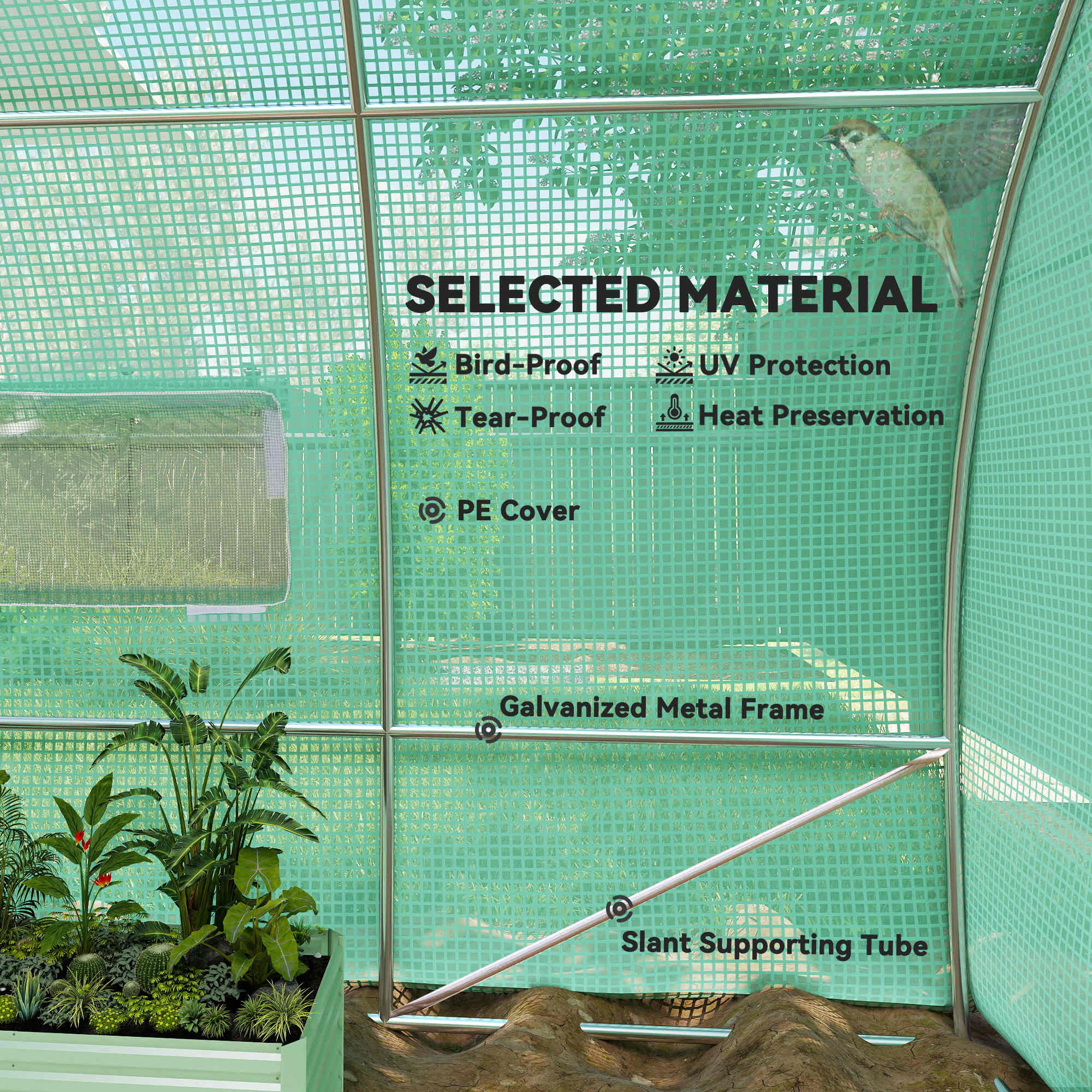 Large Polytunnel Walk In Greenhouse, Plant Gardening Tunnel Green House With Metal Hinged Door, Galvanised Steel Frame & Mesh Windows, Green (3 X 6 M)