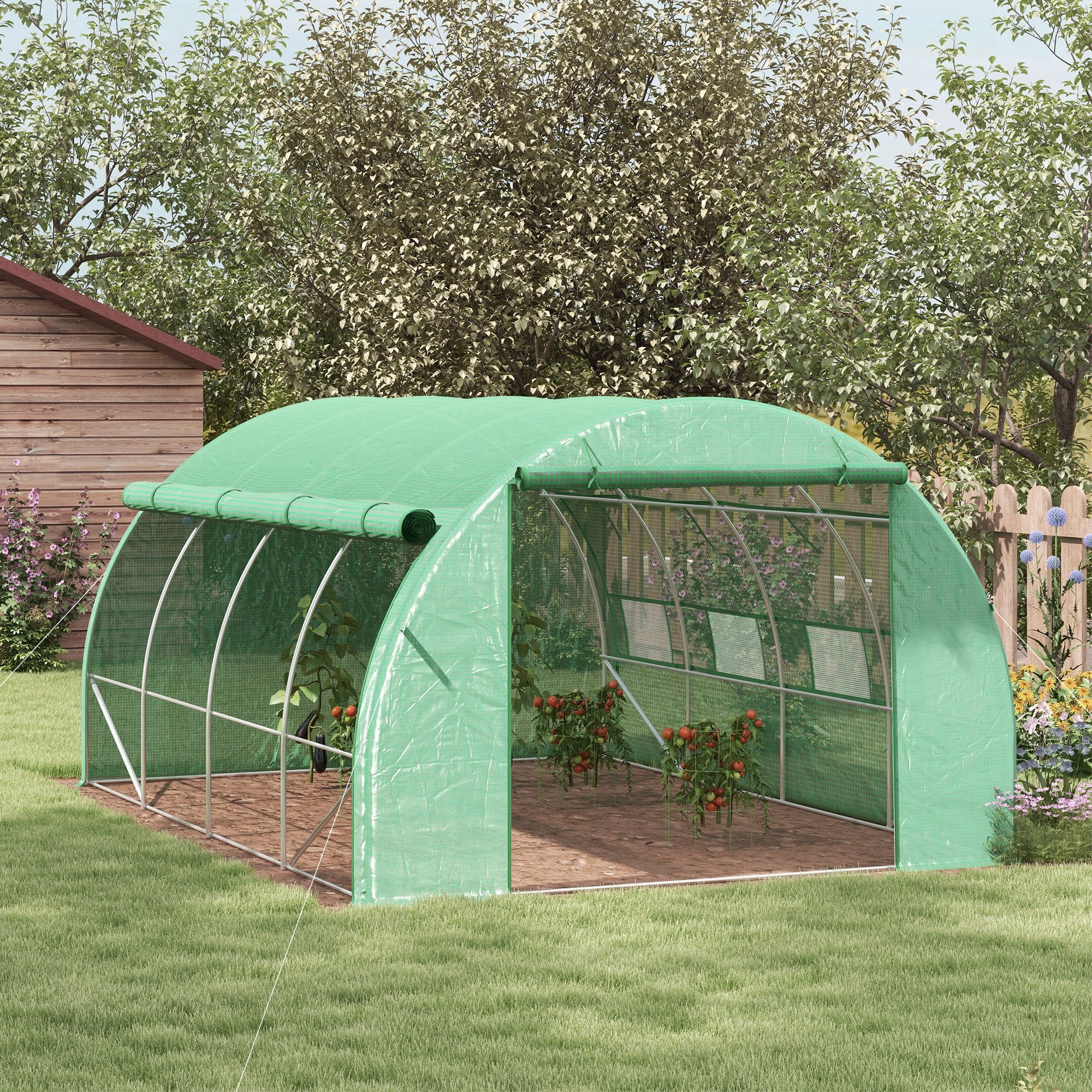 Polytunnel Greenhouse Walk-in Grow House Tent With Roll-up Sidewalls, Zipped Door And 8 Windows, 4x3x2m Green